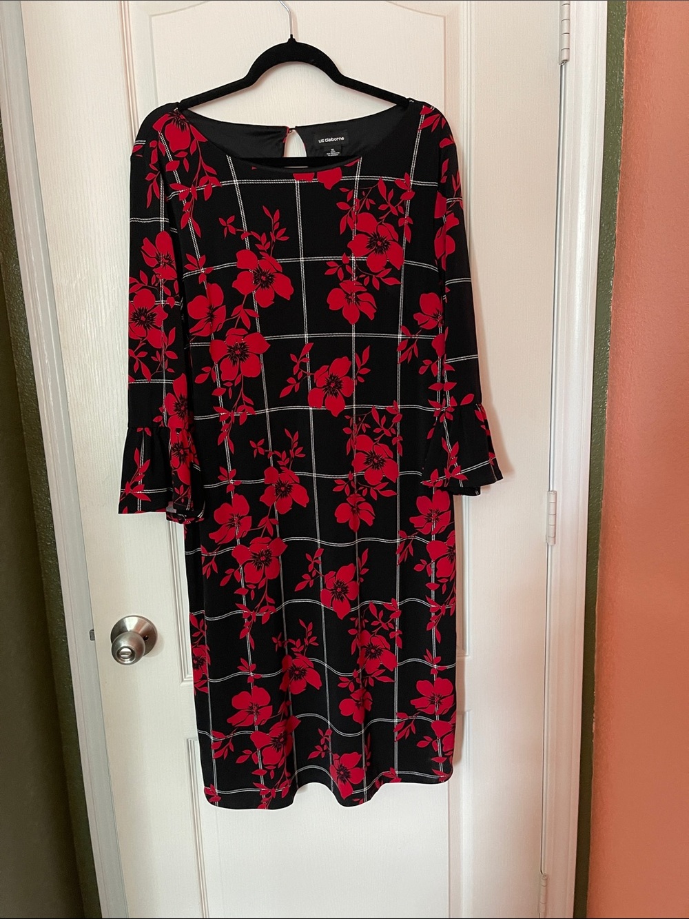 Liz Claiborne Black Midi Dress with Red Floral Print